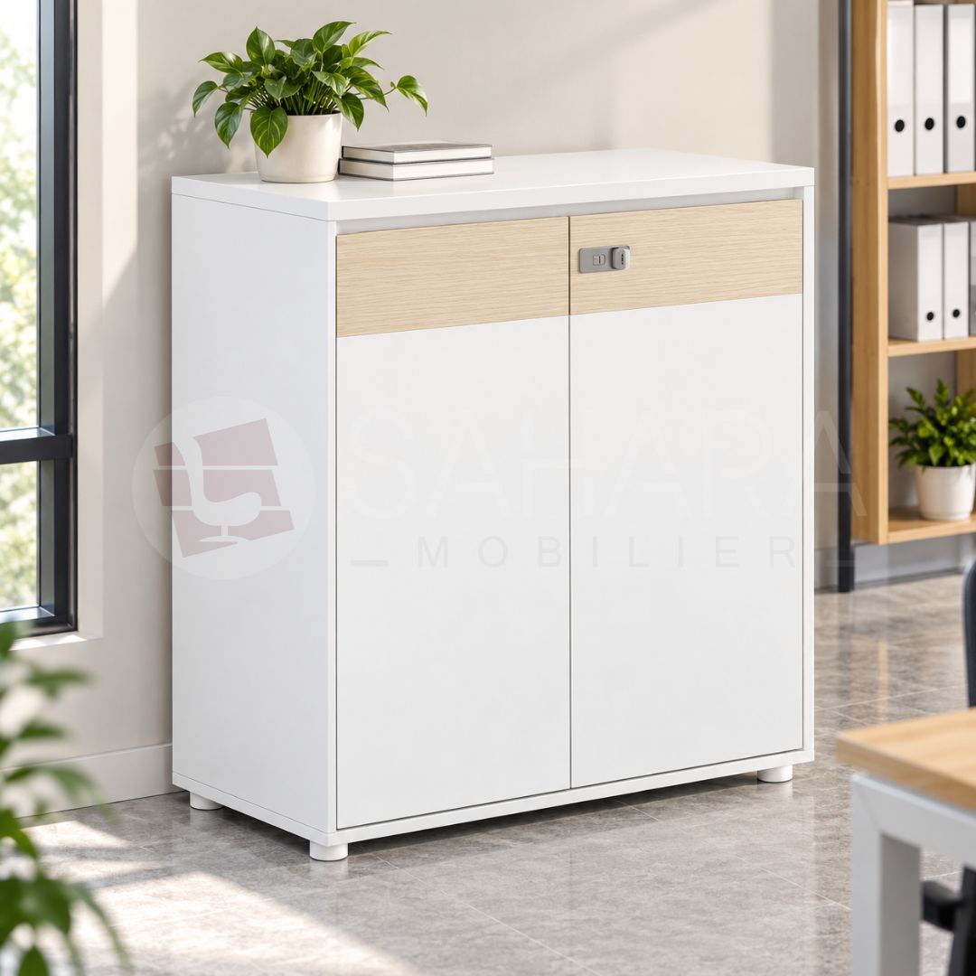 Meuble de rangement professionnel à deux portes blanches avec bandeau décor bois clair et serrure en façade.